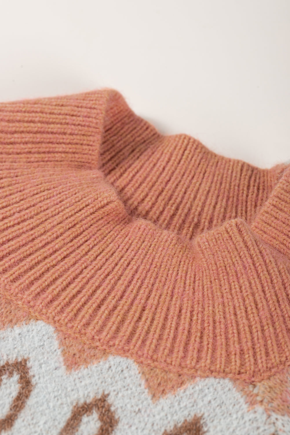 Khaki Geometric Pattern Ribbed Trim High Neck Sweater