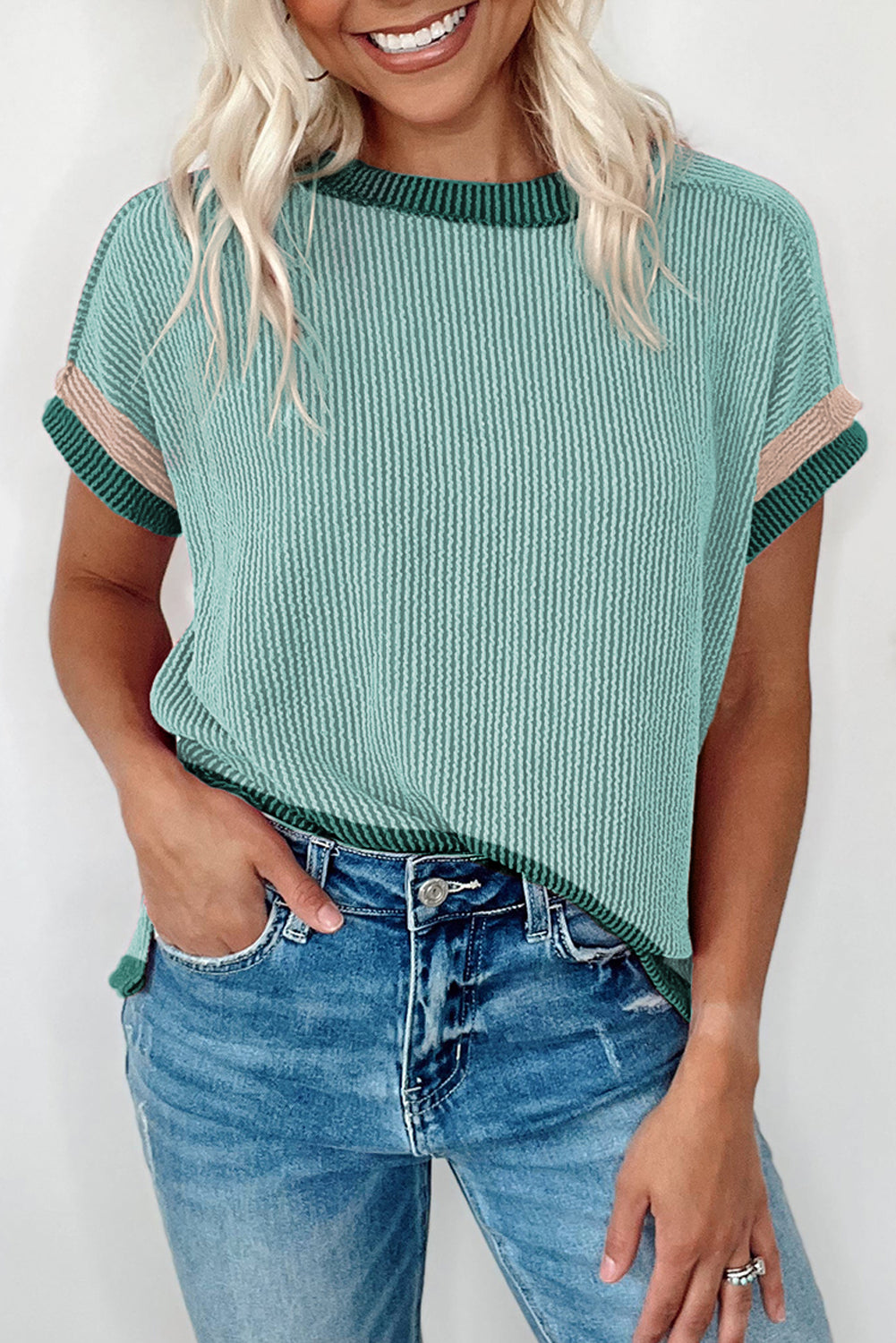 T-shirt à col rond et bordure contrastée texturé vert herbe