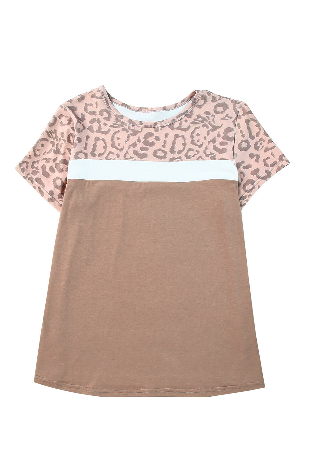 Khakifarbenes T-Shirt mit Leopardenpasse und Farbblockdesign