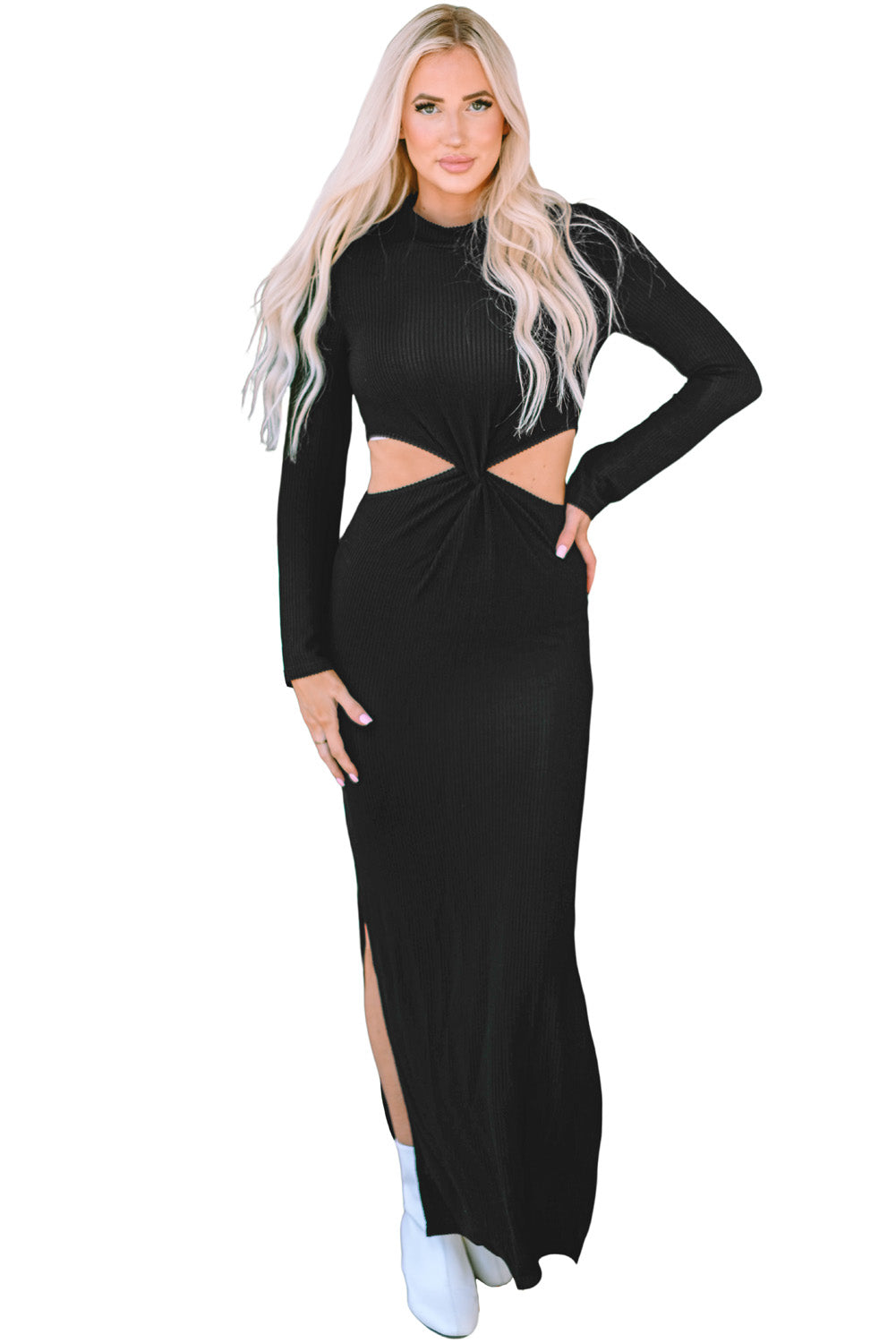Schwarzes, geripptes, langärmliges Kleid mit verdrehtem Ausschnitt