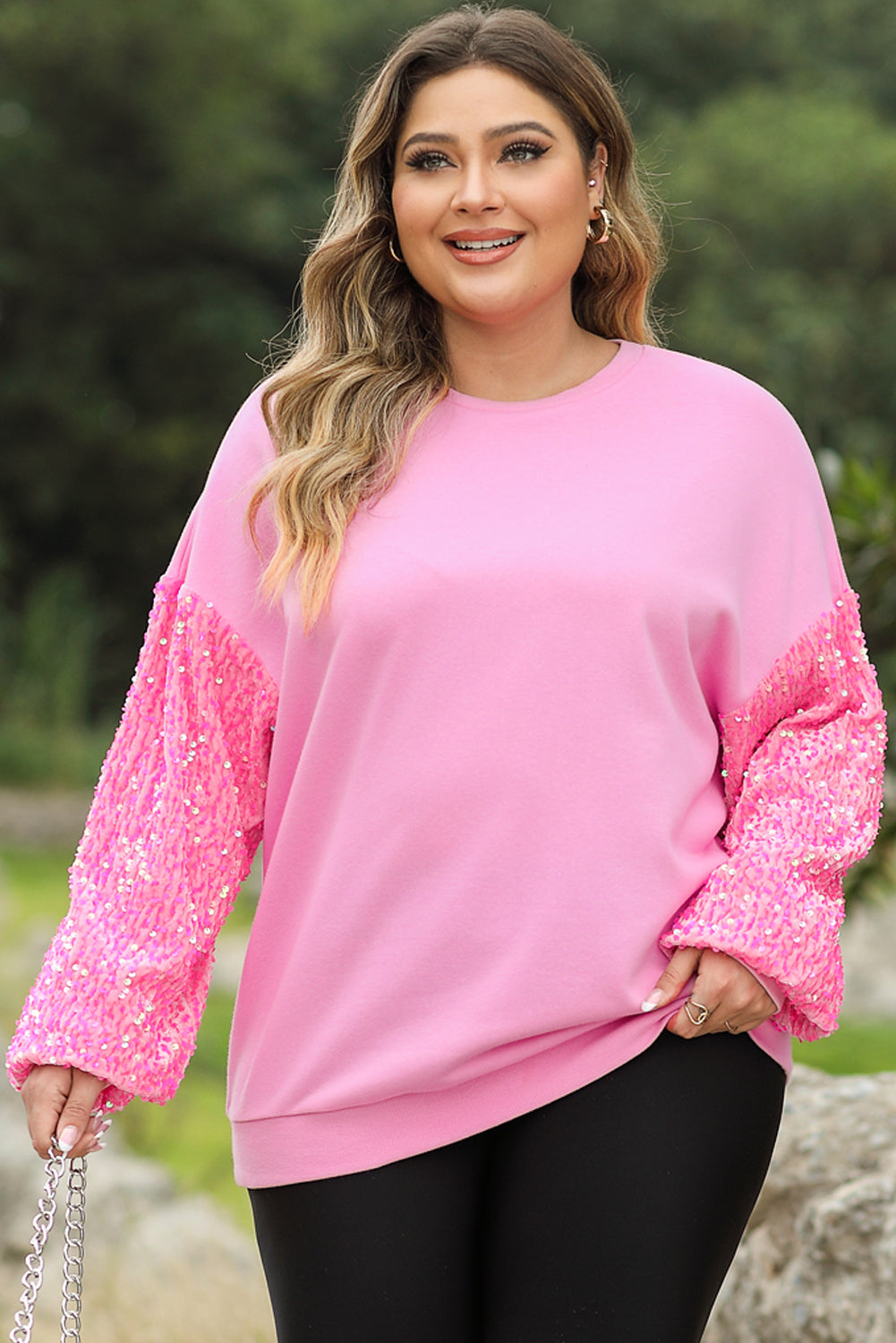 Pink Plus Size Sequin Sleeve Drop Shoulder Sweatshirt