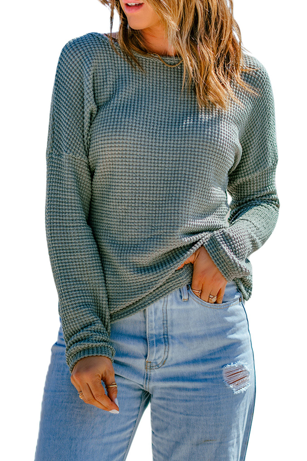 Temno rjava vafelj pletena majica z dolgimi rokavi na spuščena ramena