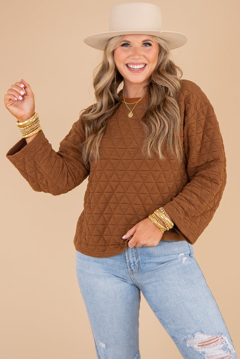 Chestnut Casual Crinkle Quilted Pullover Top