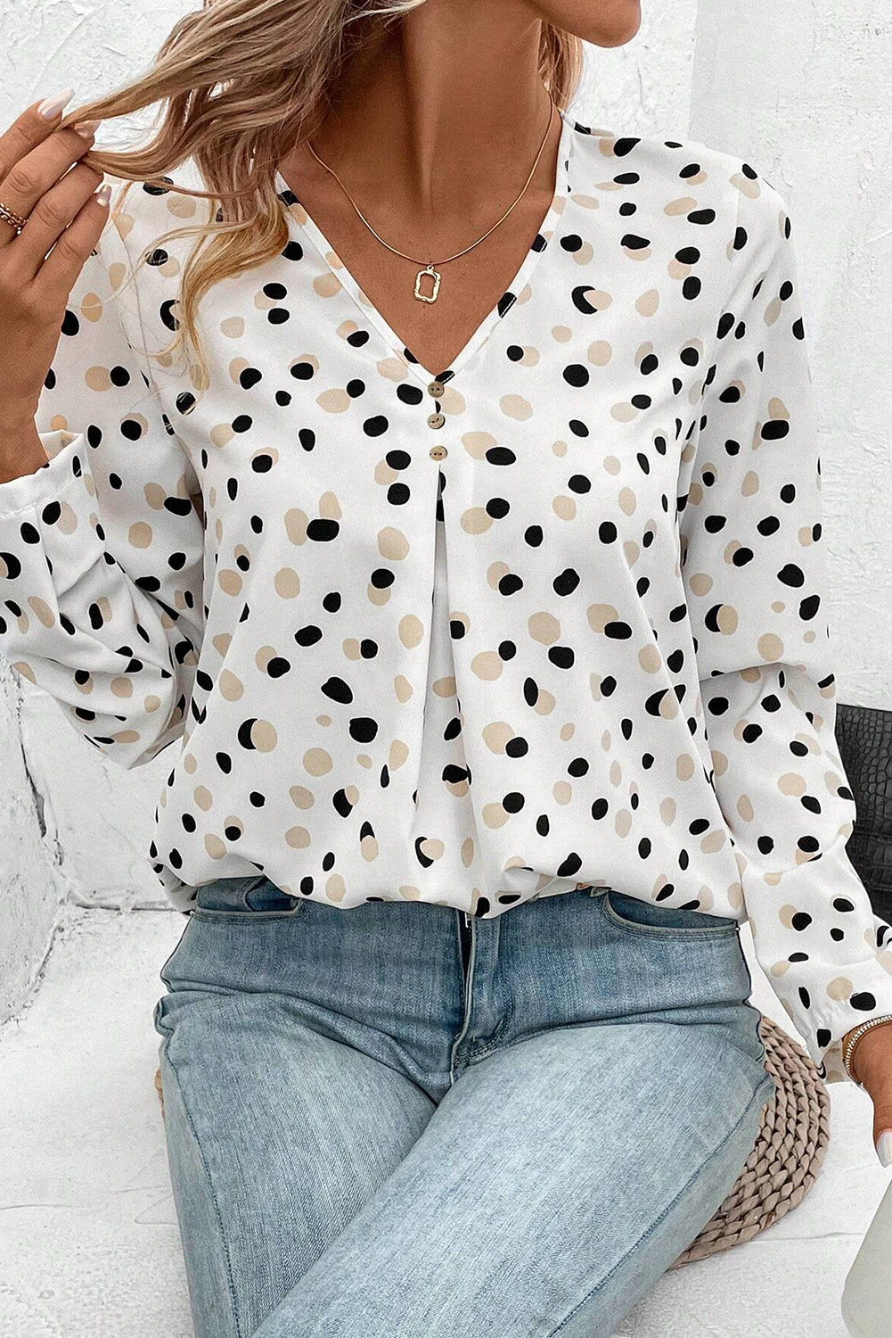 White Polka Dot Print Button Front V Neck Blouse