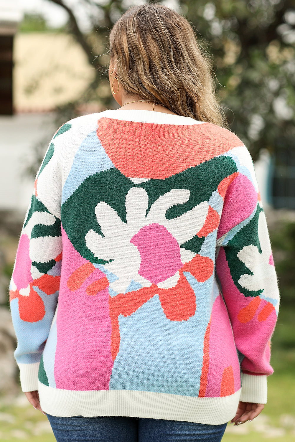 Mehrfarbiger Plus-Size-Pullover mit Blumenmuster und überschnittener Schulter