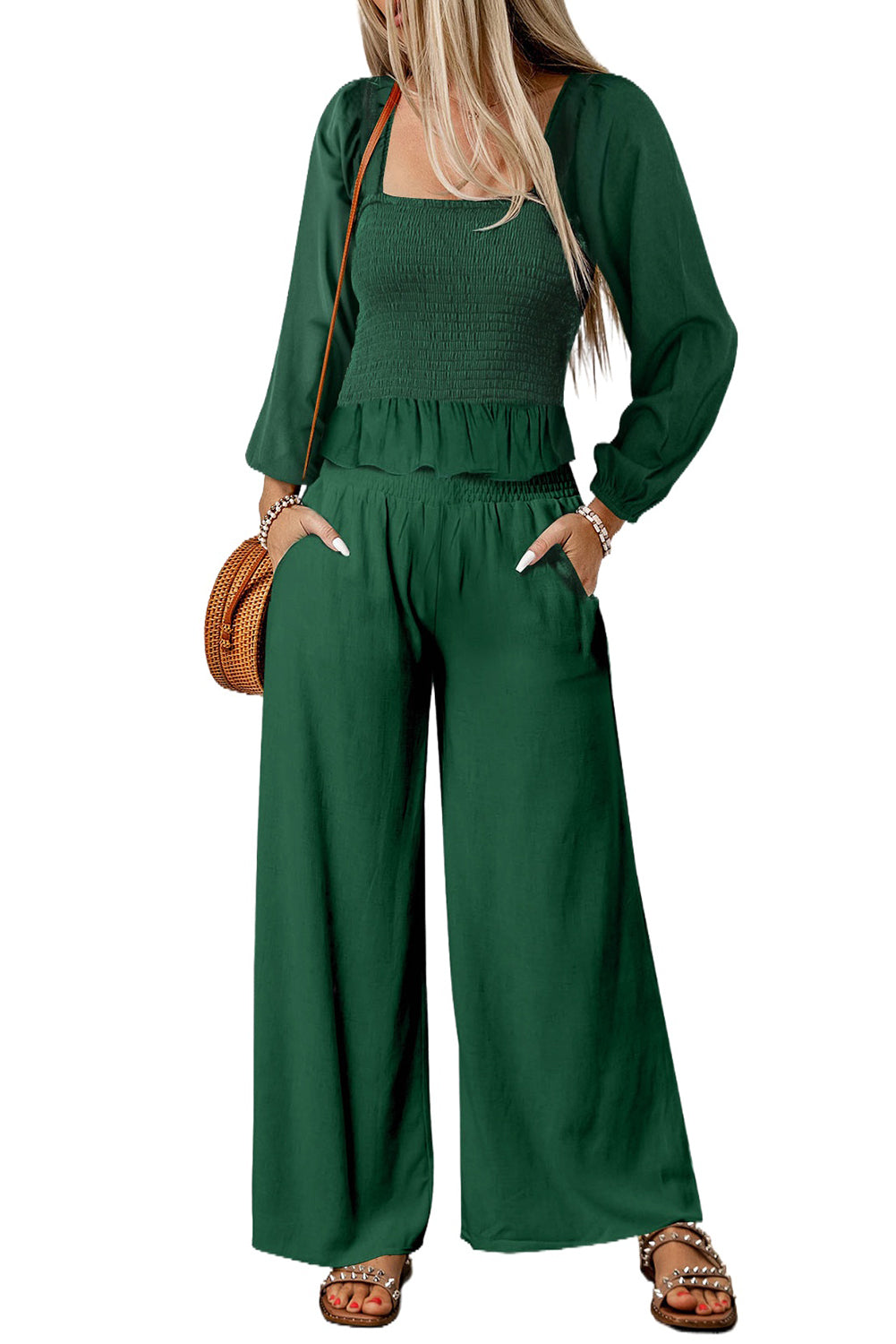 Set top e pantaloni peplo con scollo quadrato verde