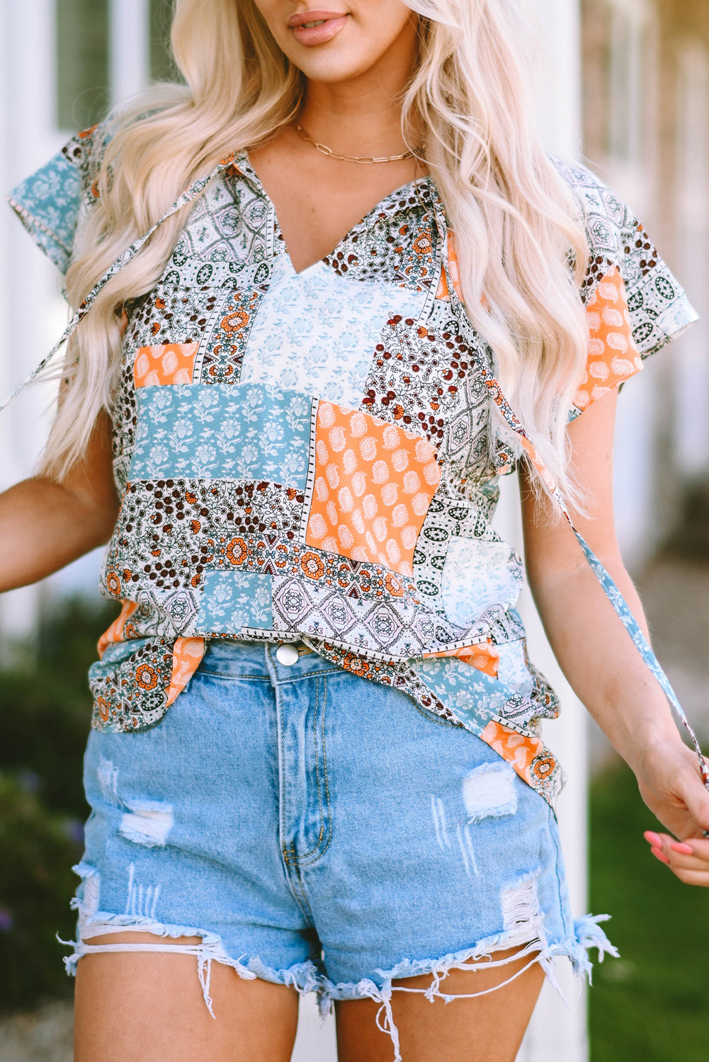 Multicolor Boho Mixed Patterns Flutter Sleeves Top