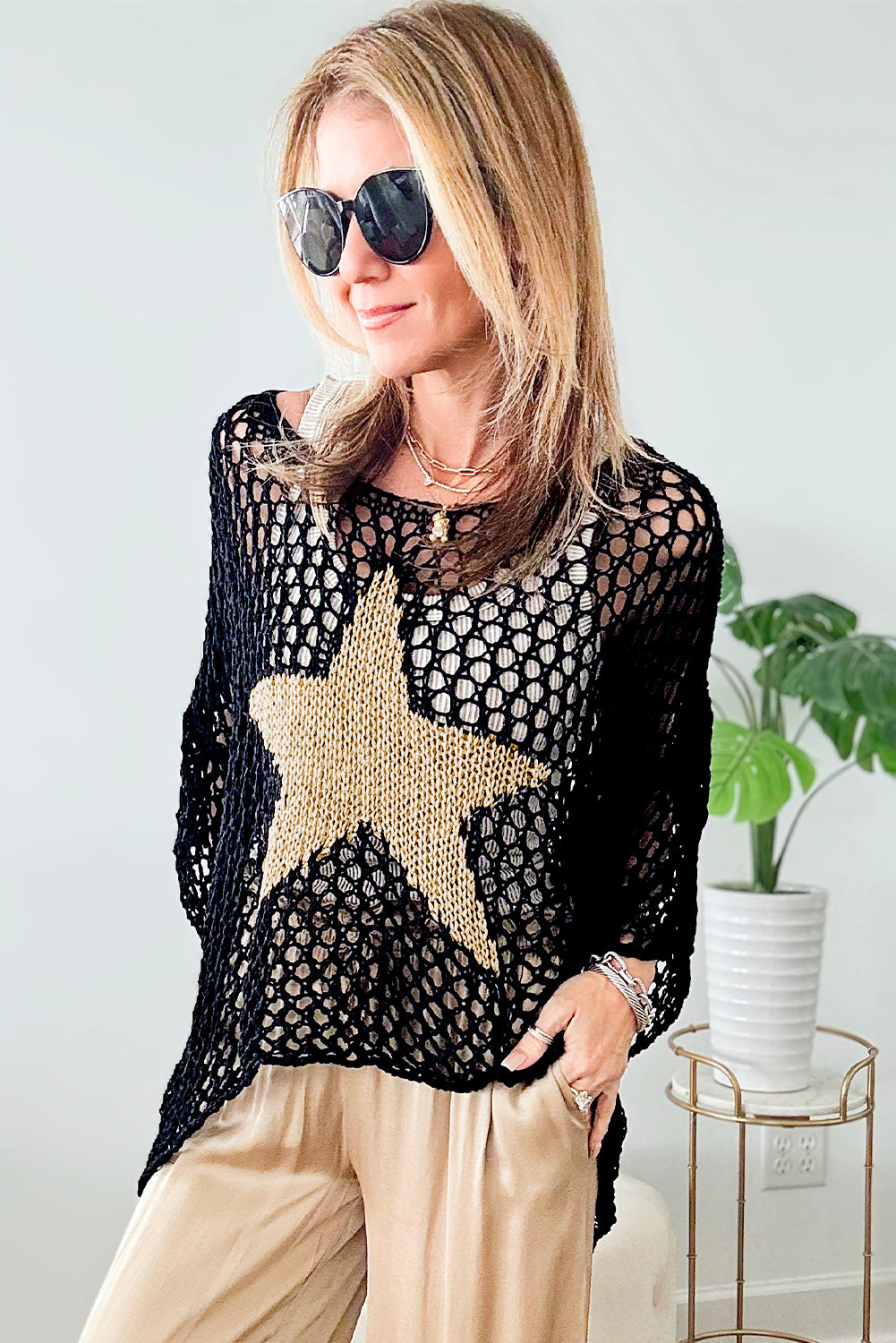 Black Star Graphic Heklani pleteni ljetni gornji dio džempera