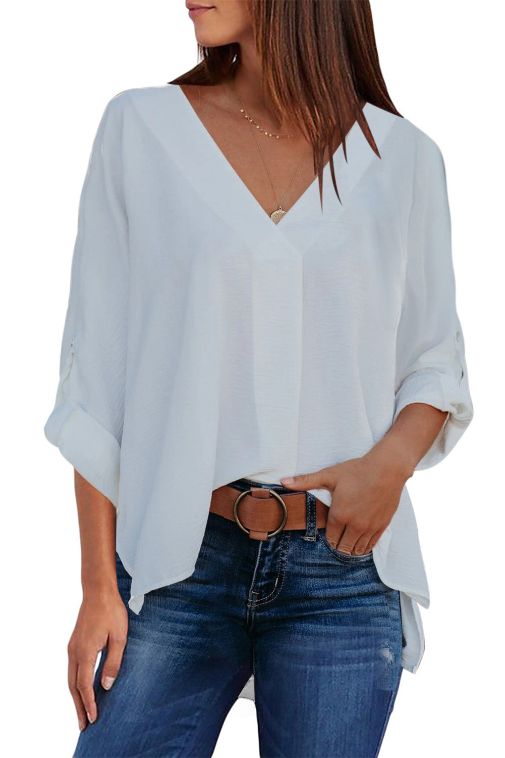 Blue V Neck 3/4 Sleeve High Low Hem Shirt