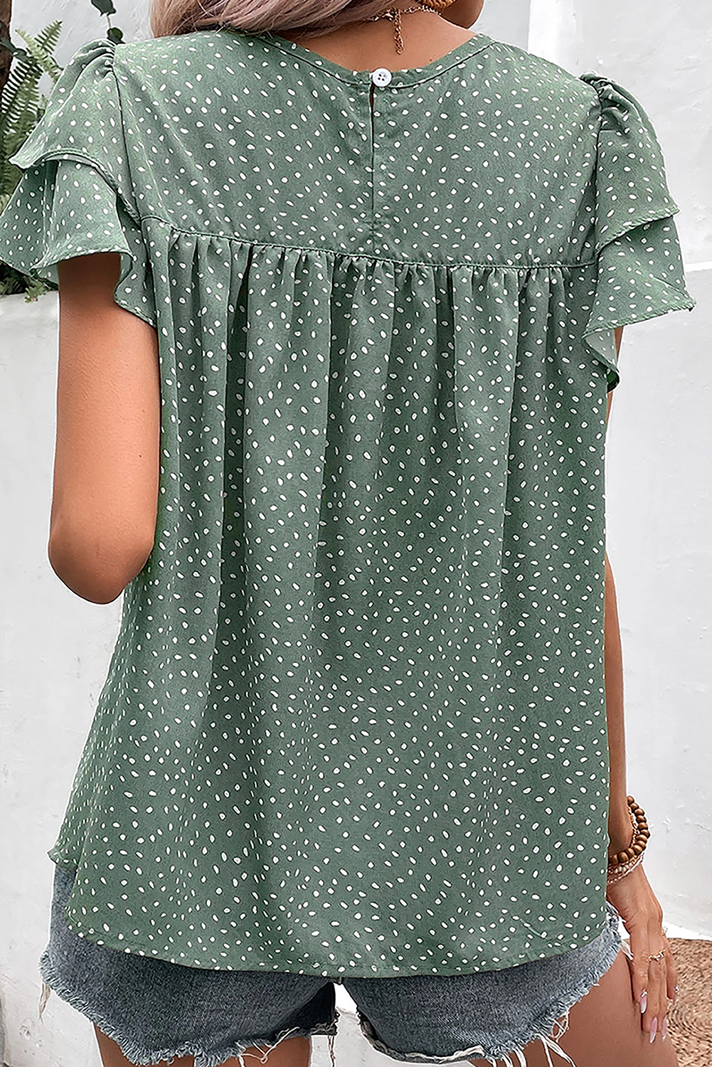 Laurel zelena bluza z naborki in okroglim izrezom s pikami in naborki