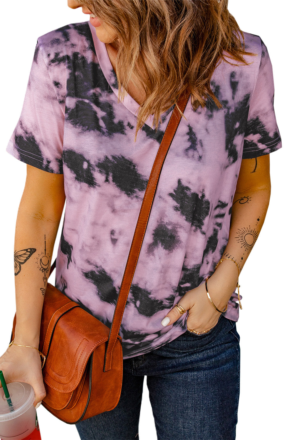 T-shirt violet tie-dye à col en V