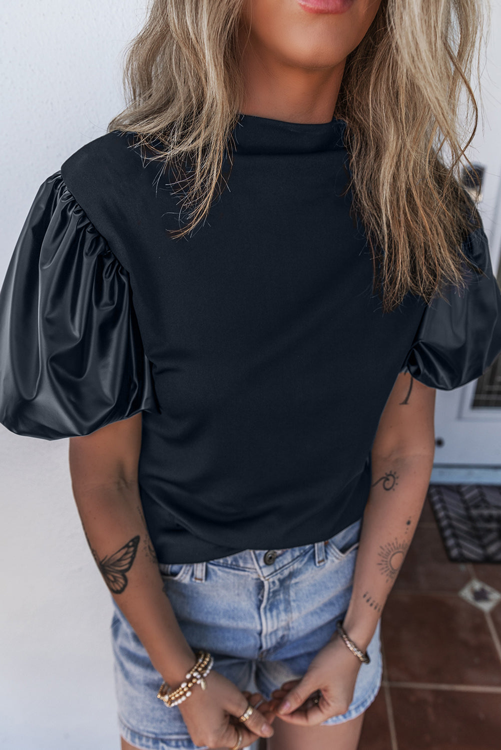Black Faux Leather Puff Short Sleeve Mock Neck Top