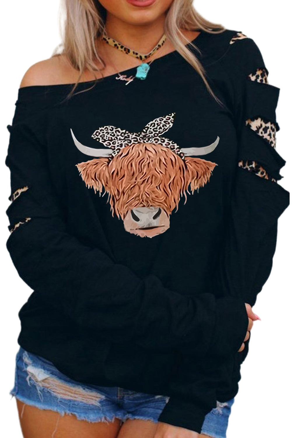 Leopard Cute Cattle Print Cut Out Long Sleeve Sweatshirt