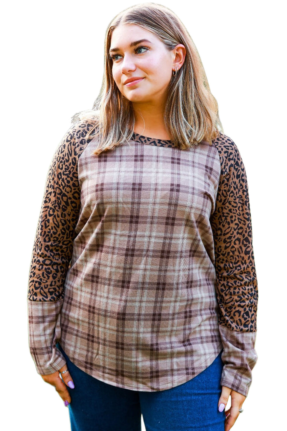 Kostanjeva majica s karirastimi rokavi v velikosti Leopard Raglan