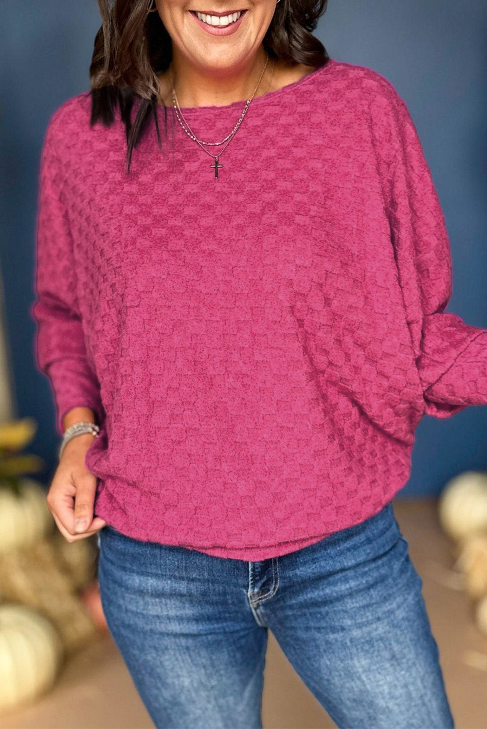 Svijetlo ružičasta majica s rukavima s kariranom teksturom