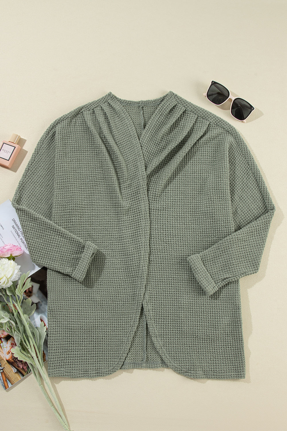 Cardigan ouvert sur le devant en tricot gaufré Laurel Green