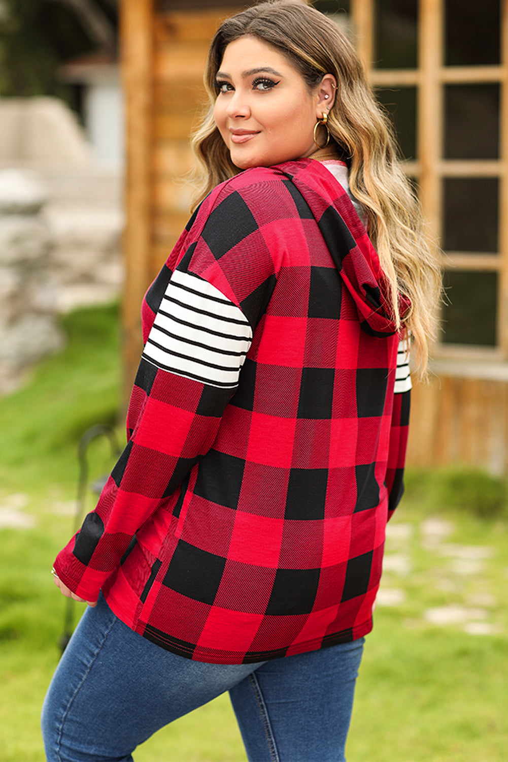 Fiery Red Plus Size Plaid Striped Patch Sleeve Hoodie