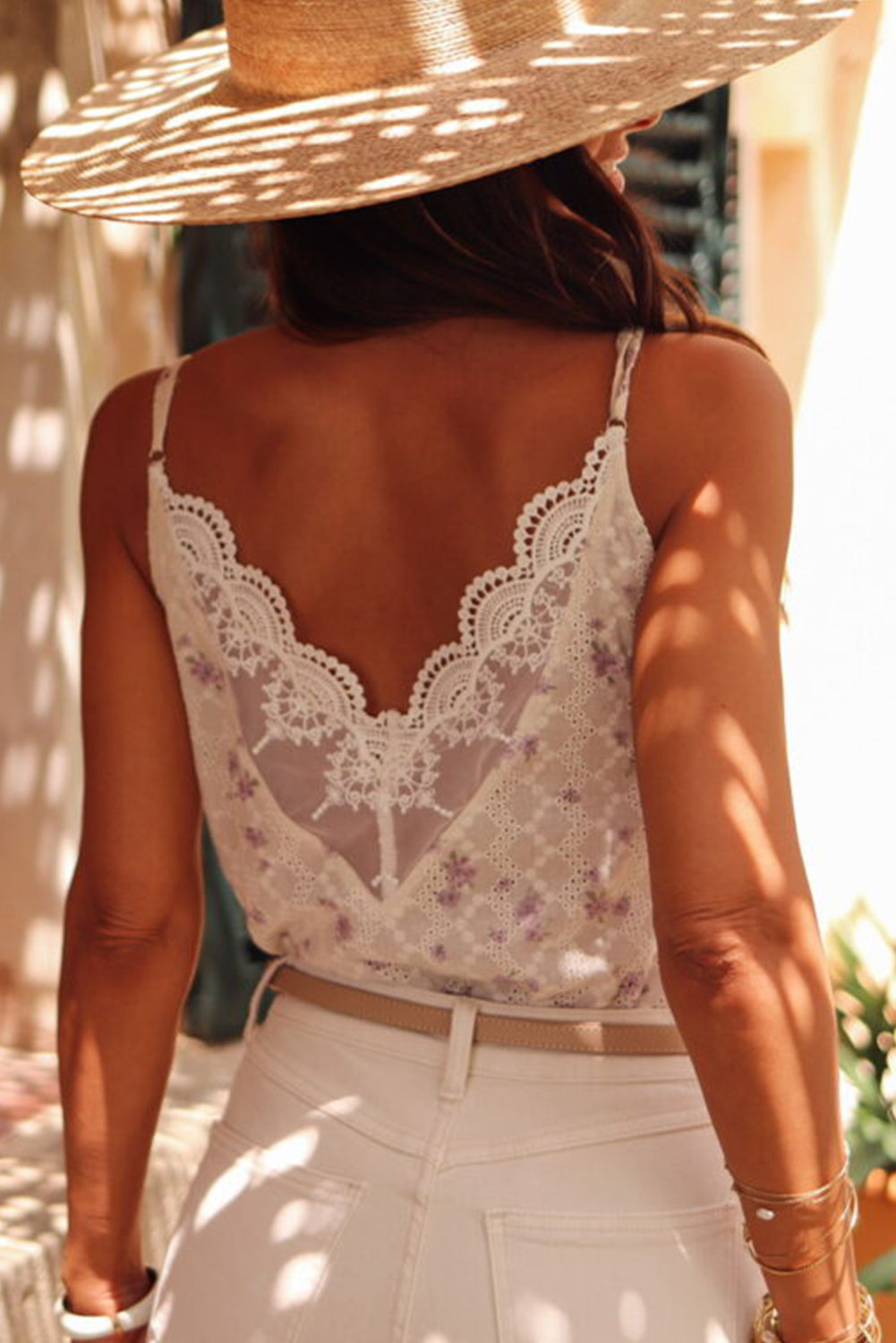 White Flower Embroidered Lace Crochet V Neck Tank Top