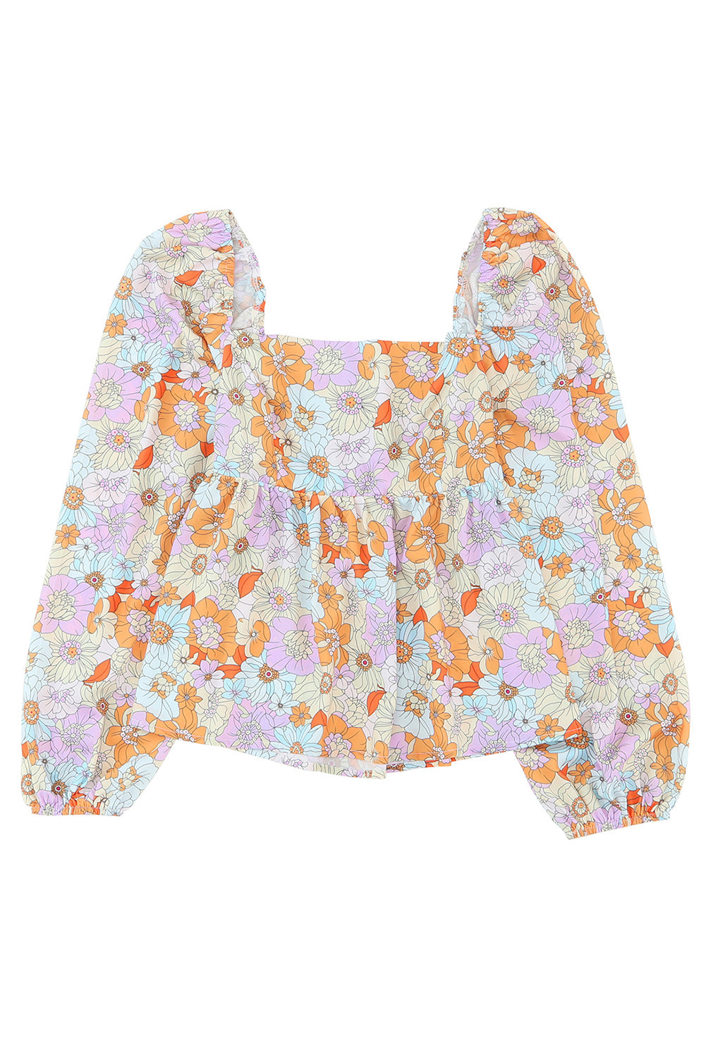 Večbarvna bluza Babydoll s kvadratnim ovratnikom in napihnjenimi rokavi