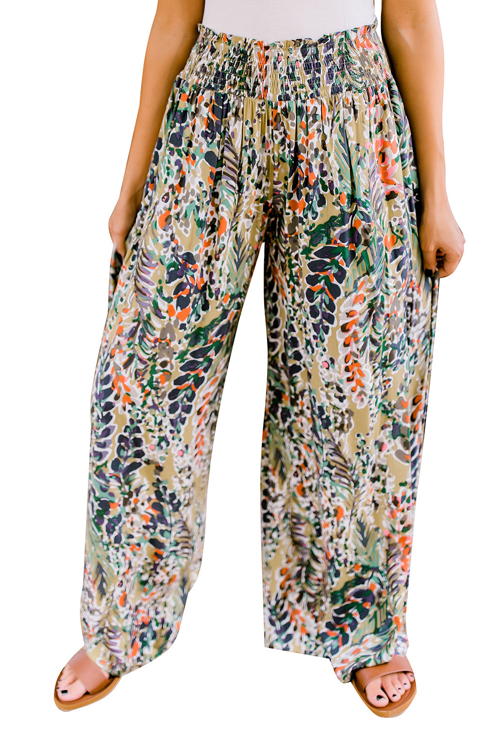 Pantaloni casual a gamba larga a vita alta arricciati con stampa floreale multicolore