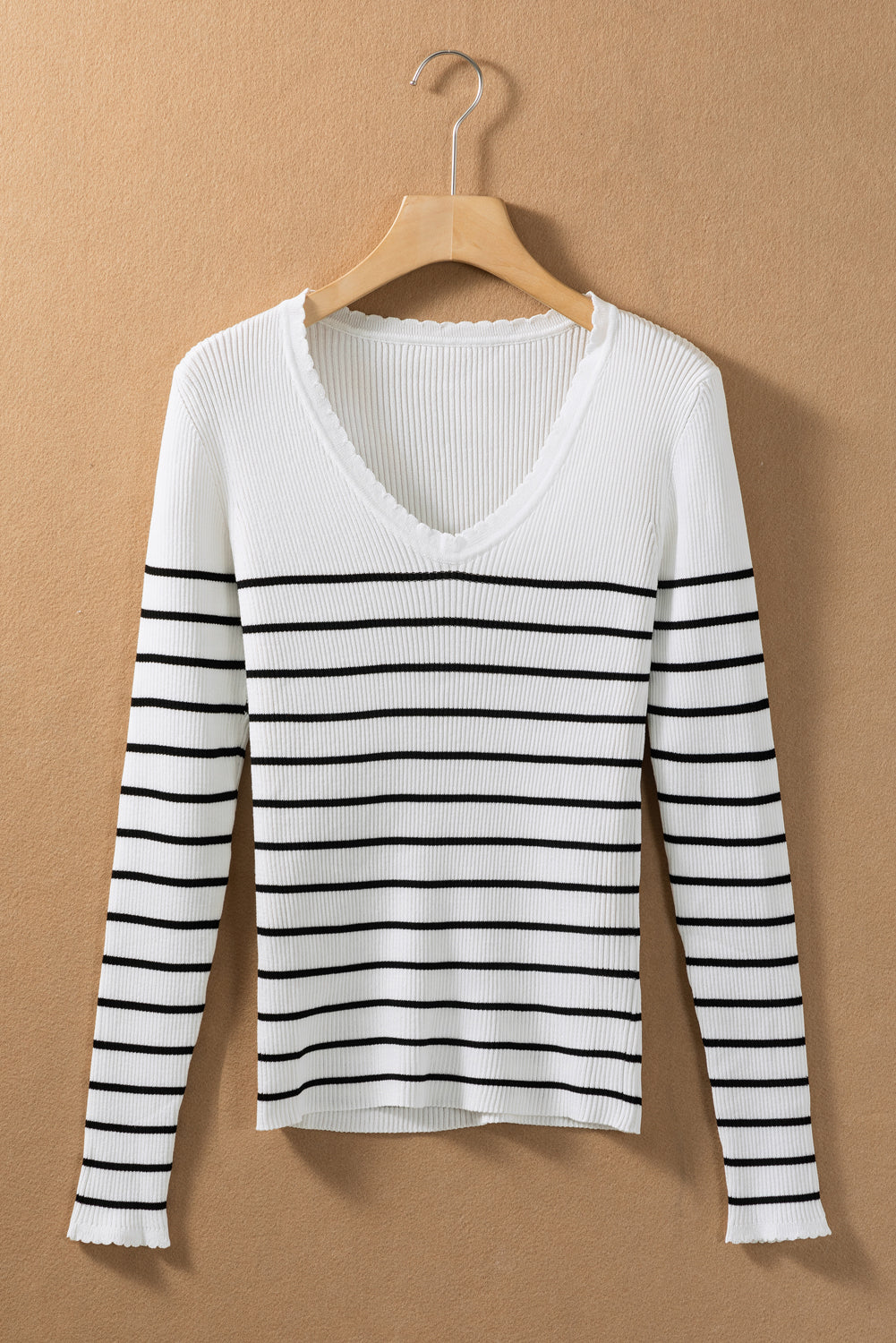 White Scalloped Trim Striped Print Sweater