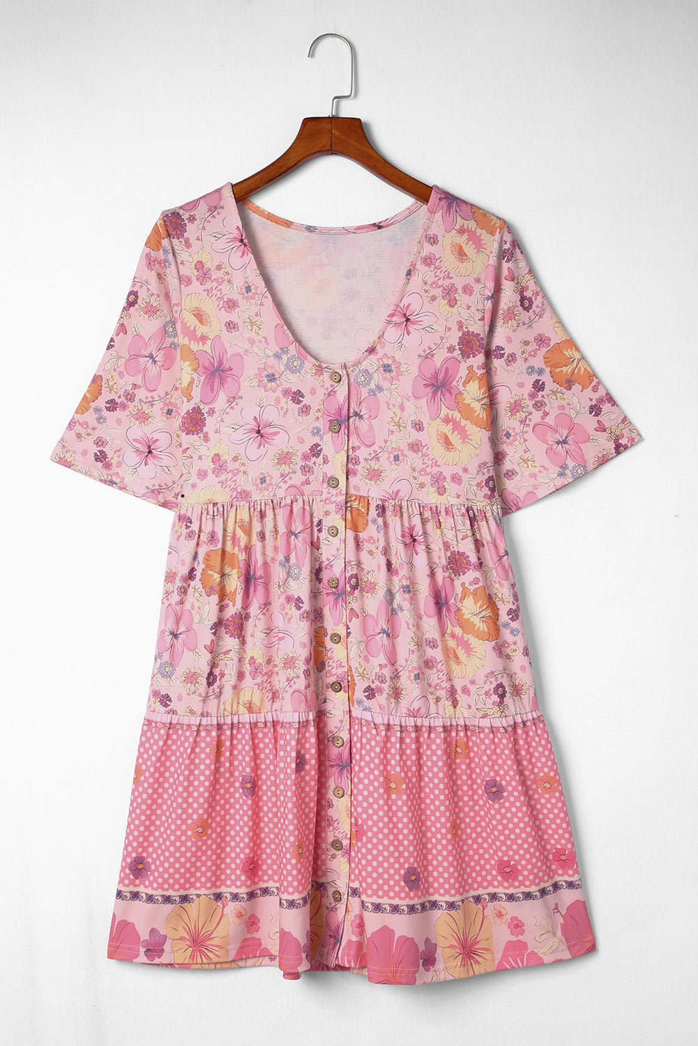 Večbarvna mini obleka s cvetličnim vzorcem hibiskusa in naborki