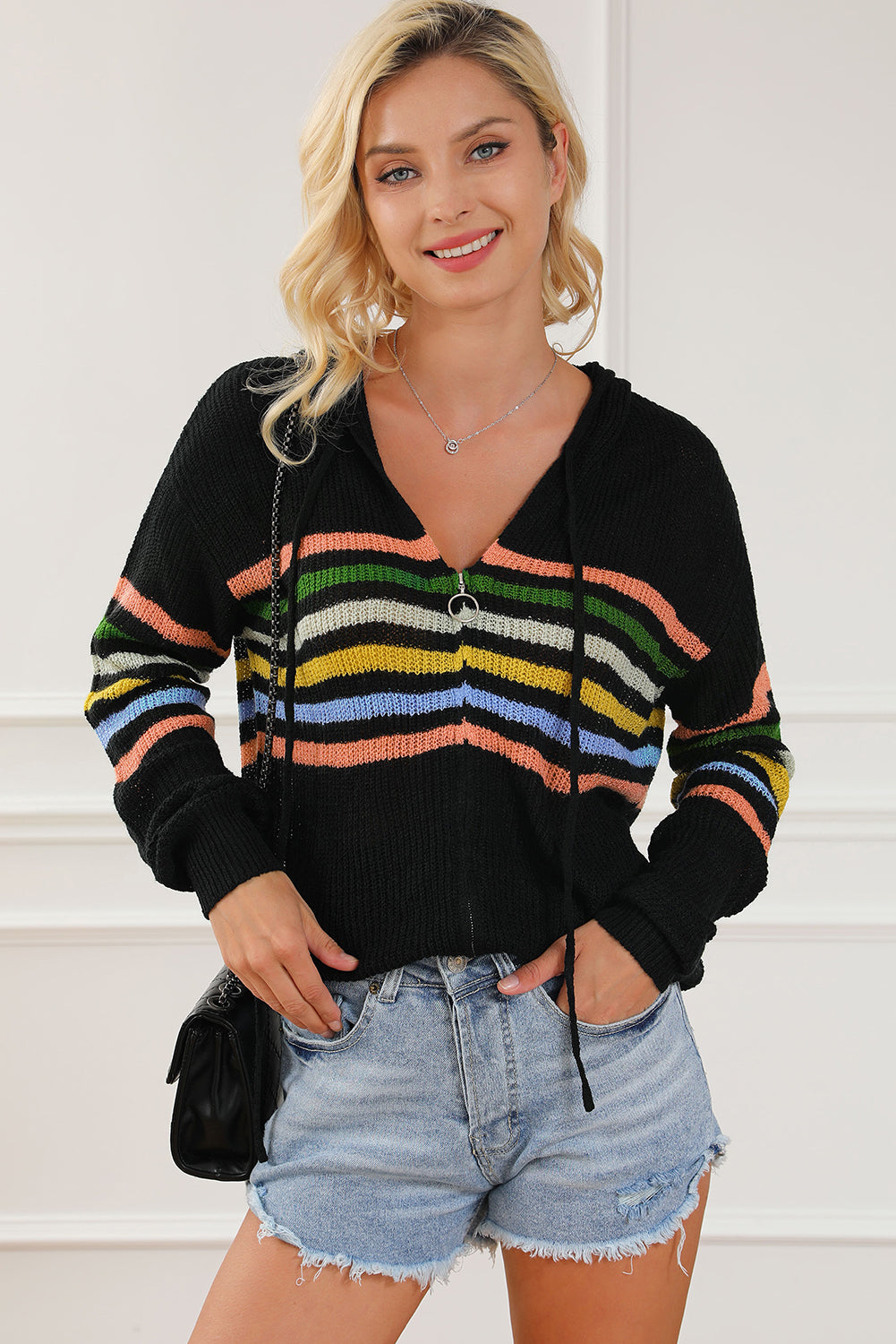 Black Striped Detail Zip Up Hooded Sweater Cardigan