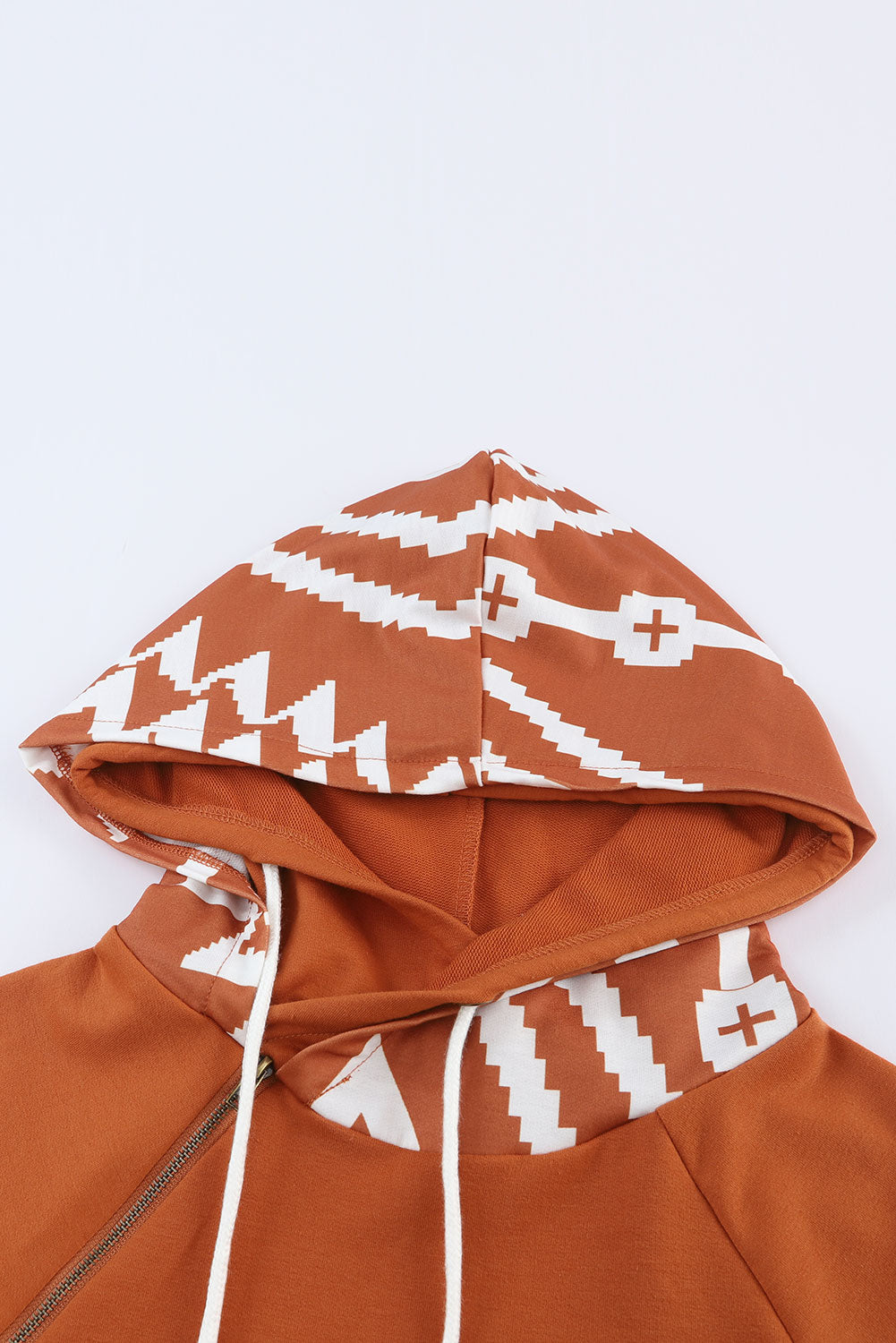 Brown Aztec Print Patchwork Thumb Hole Hoodie