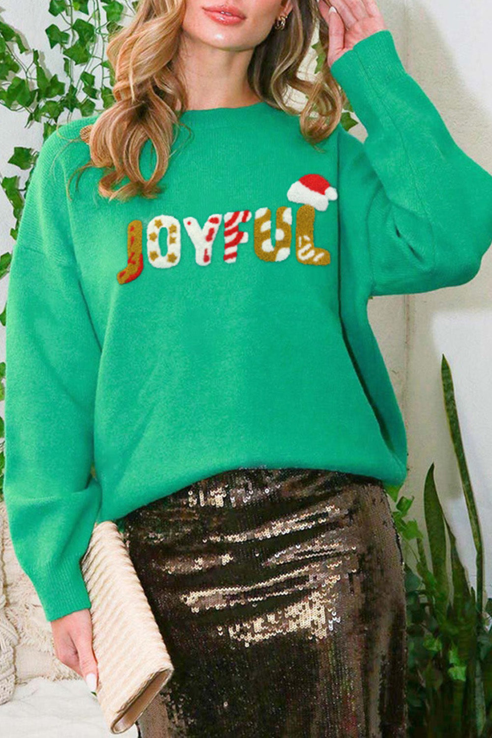 Svijetlo zeleni Božićni pulover sa šljokicama JOYFUL