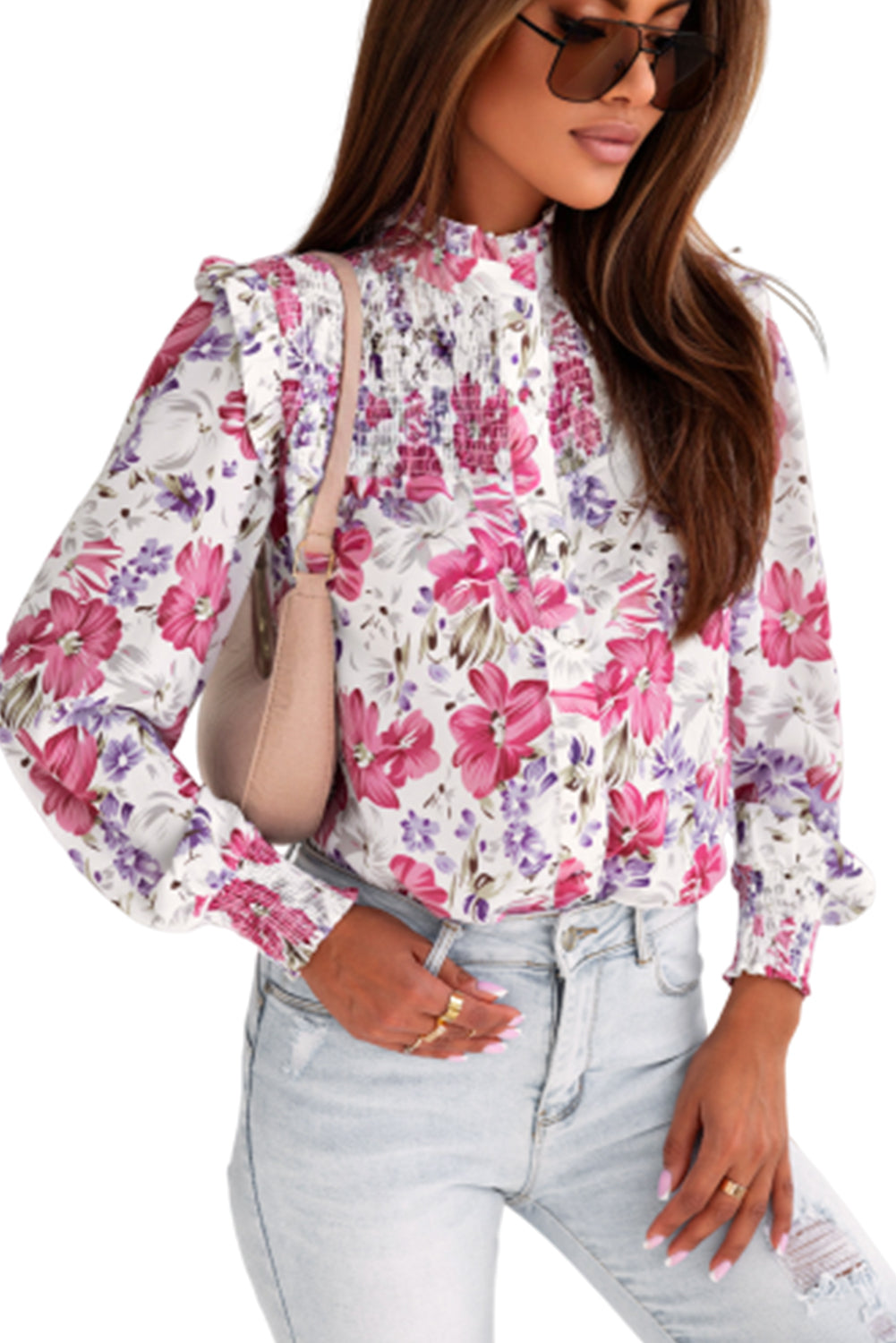 Camicia con maniche a palloncino floreali con colletto arricciato viola