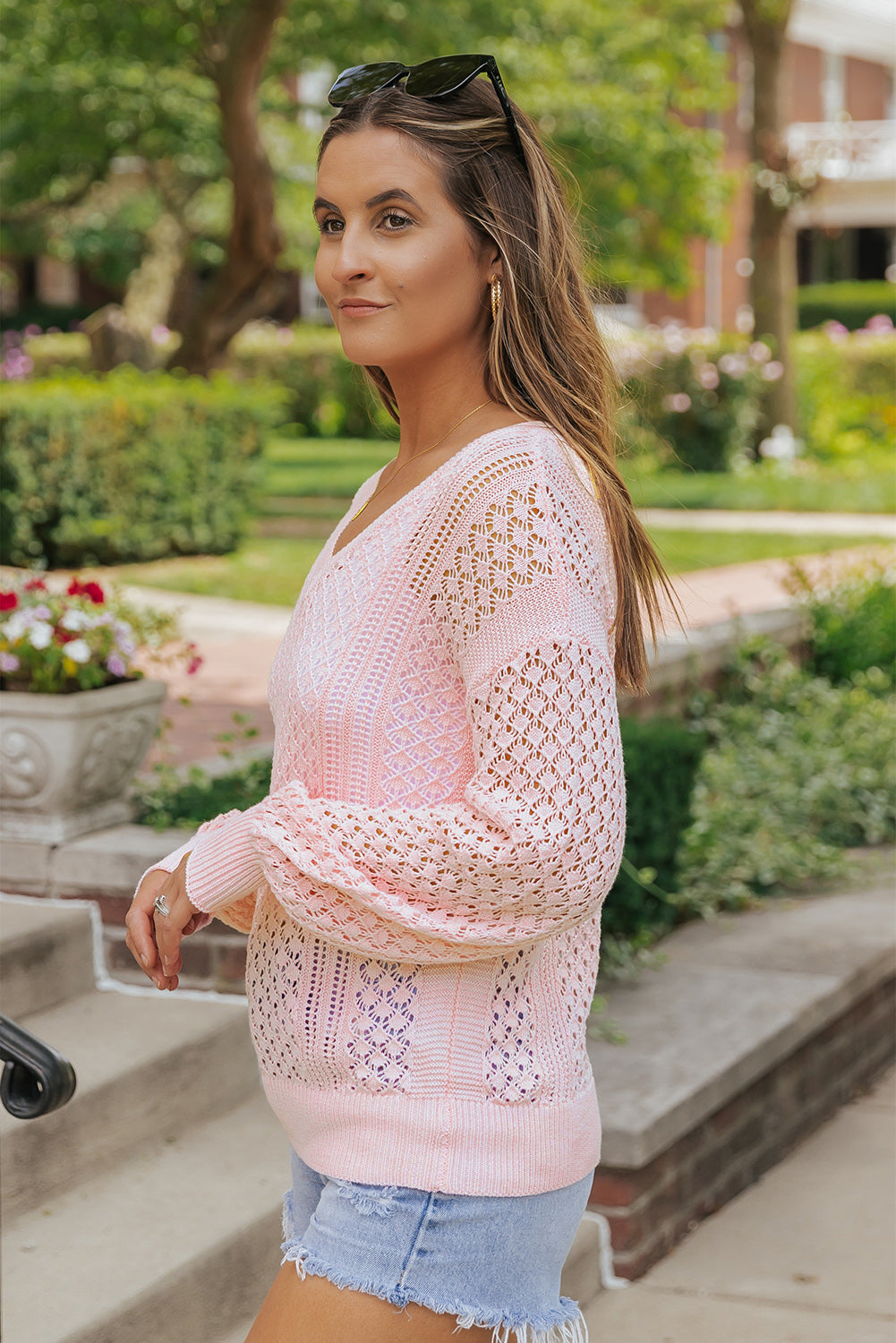 Pink Loose Pointelle Knit Ribbed V Neck Sweater