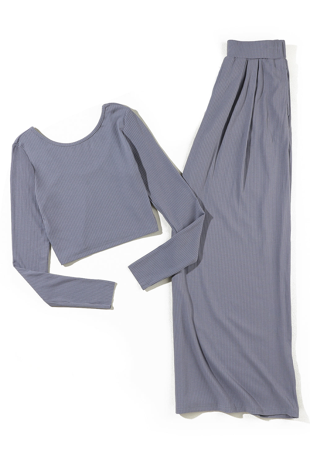 Ensemble haut court côtelé gris et pantalon long de couleur unie