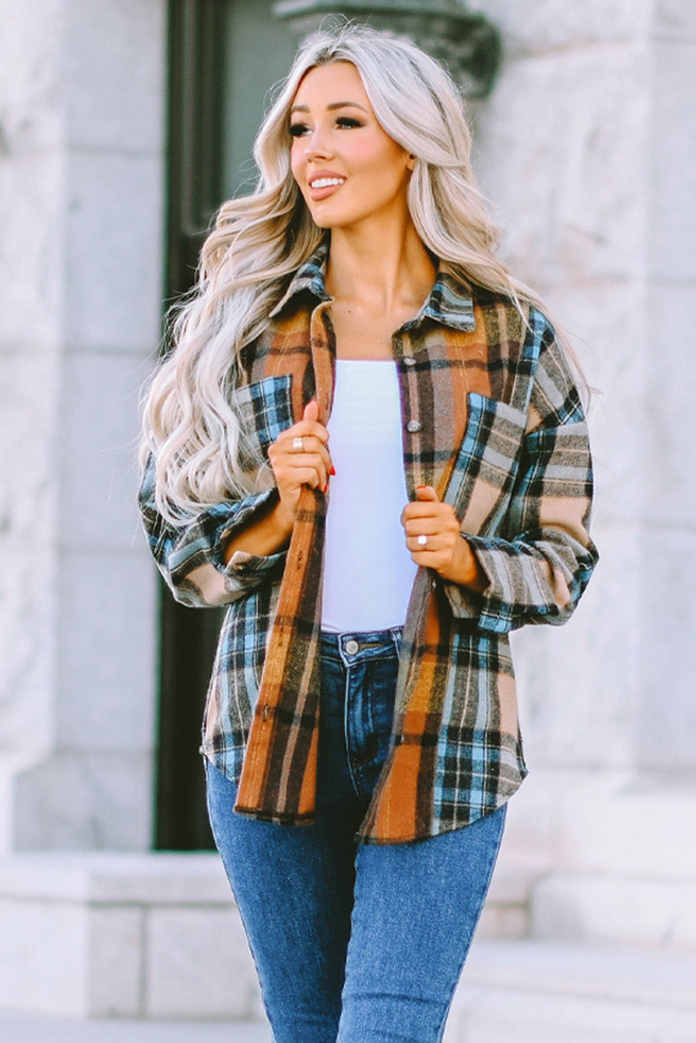 Brown Plaid Color Block Buttoned Shirt with Pockets