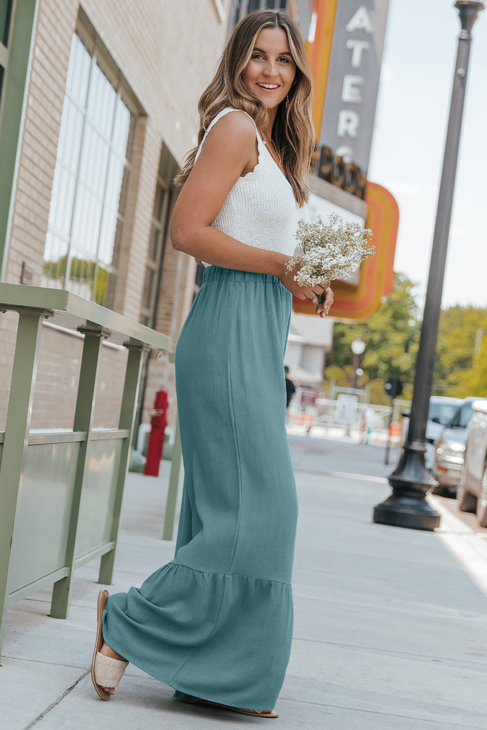 Dark Grey High Waist Ruffled Wide-Leg Pants