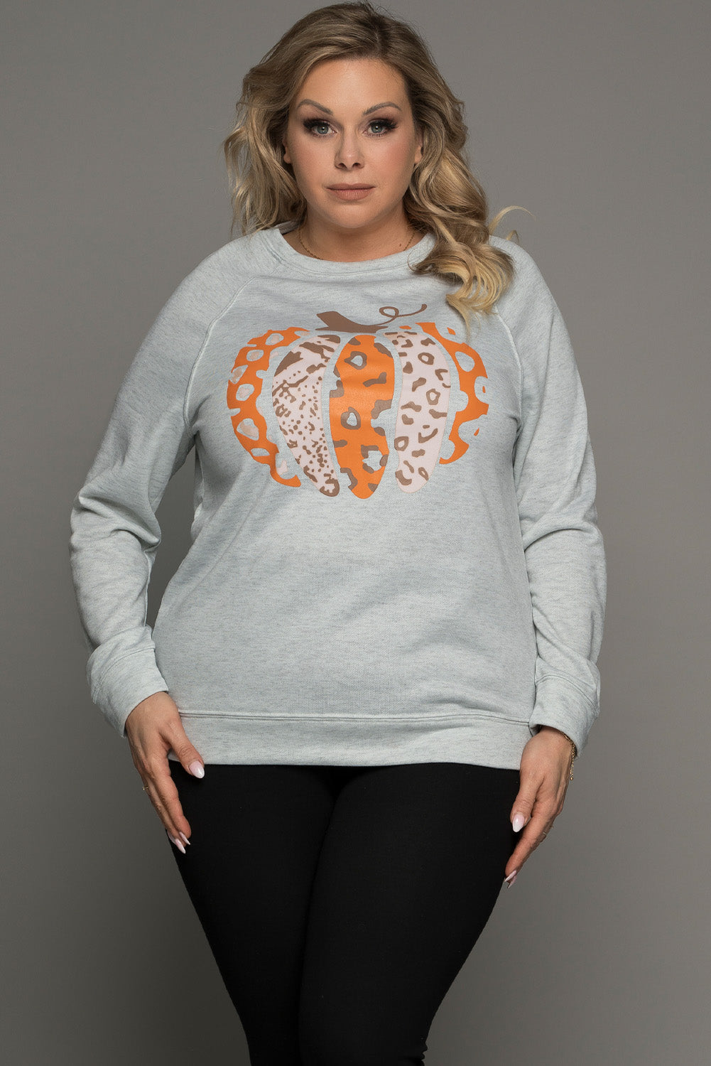 Gray Halloween Pumpkin Leopard Print Plus Size Sweatshirt