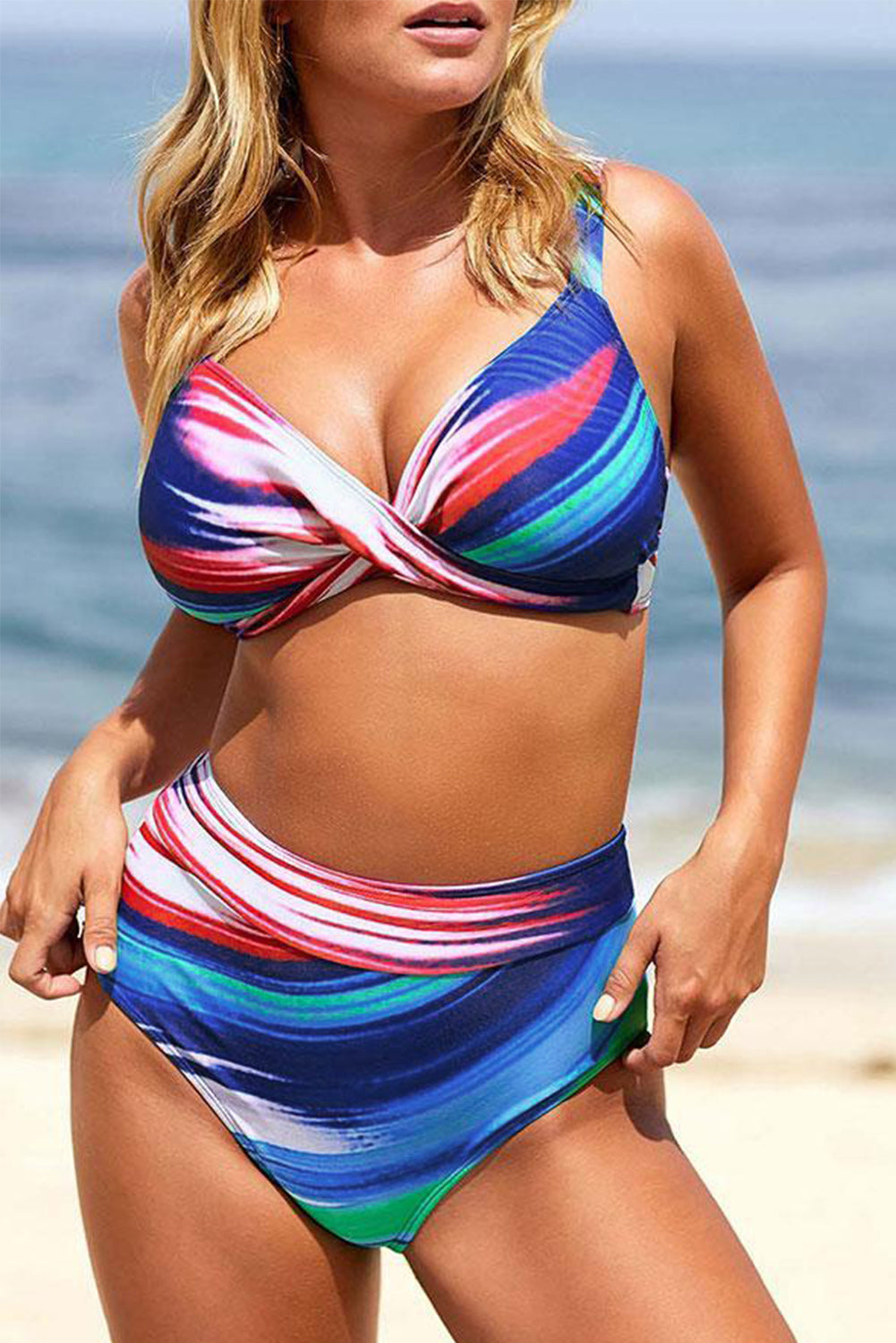 Costume da bagno bikini a vita alta con stampa astratta multicolore