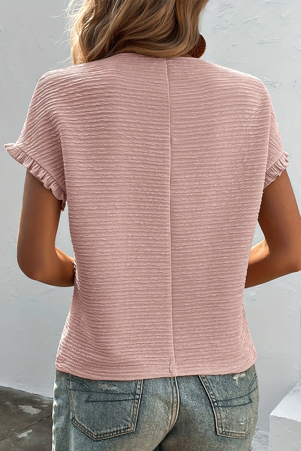 Light Pink Solid Textured Ruffled Short Sleeve Blouse