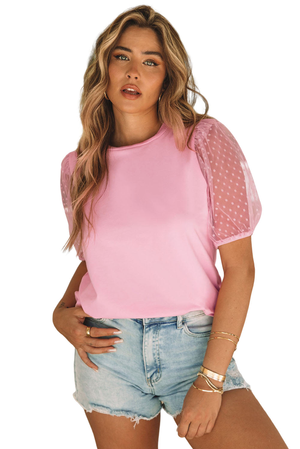 Ružičasta majica s puf rukavima od tila