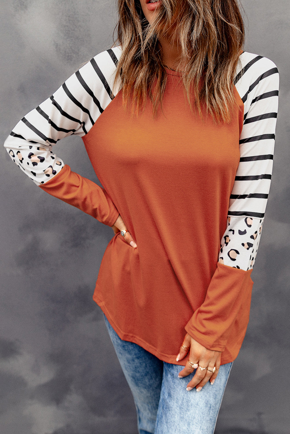 Orange Striped Animal Print Colorblock Long Sleeve Top