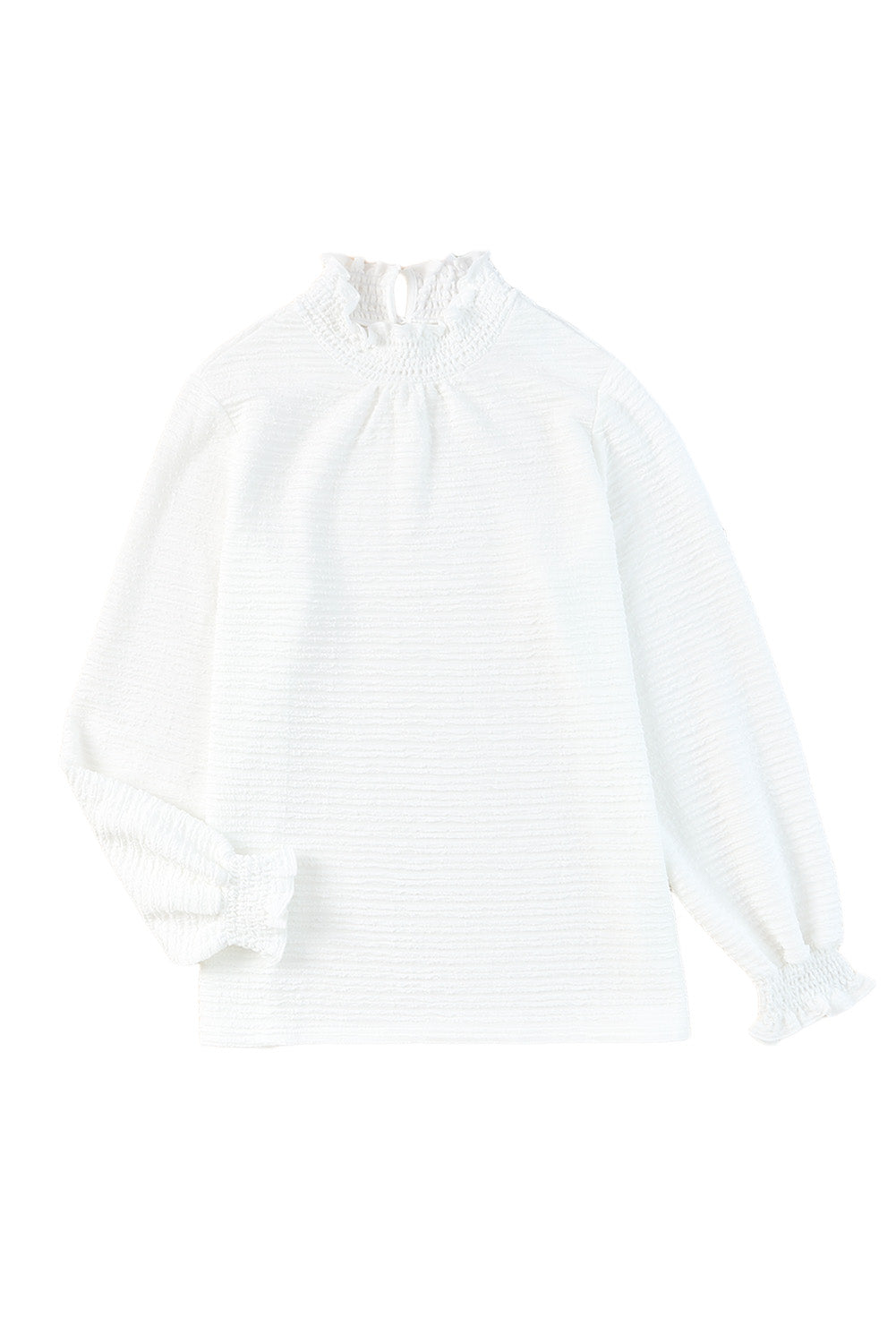 Bijela bluza s naborima i teksturiranim biskupskim rukavima