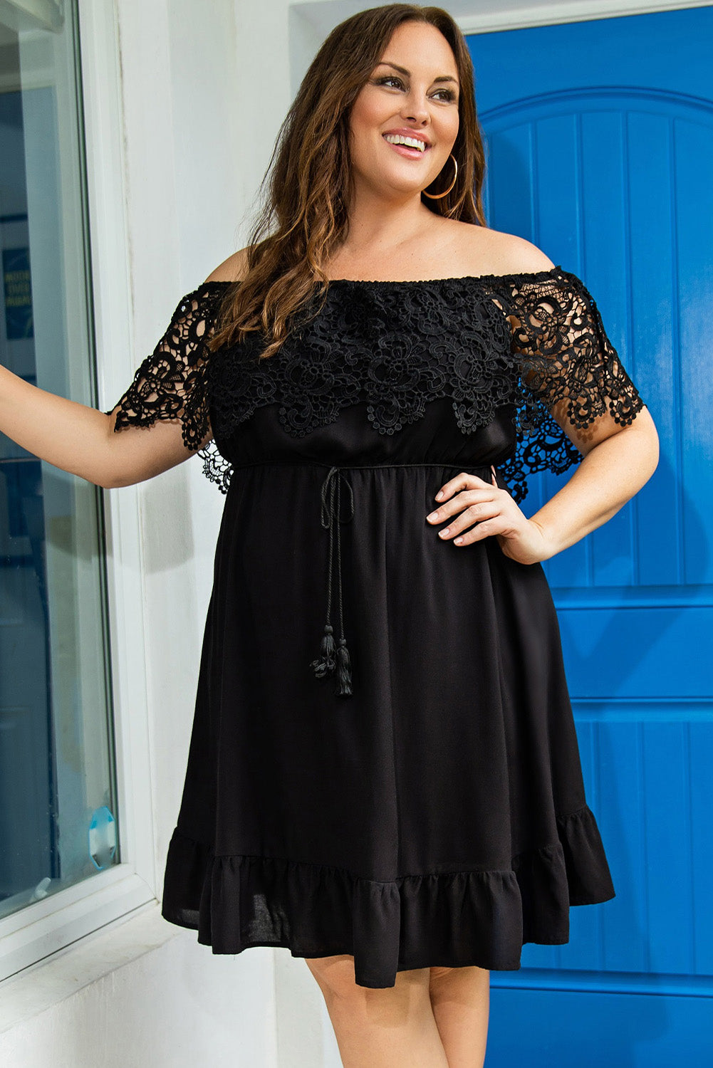 Black Off-the-shoulder Lace Sleeves Plus size Dress