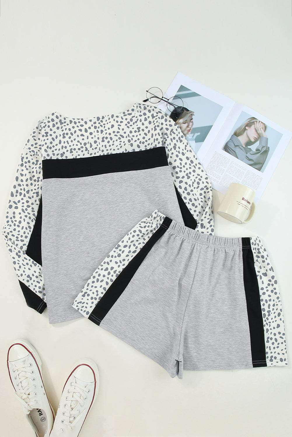 Set pullover e pantaloncini patchwork color block leopardato grigio