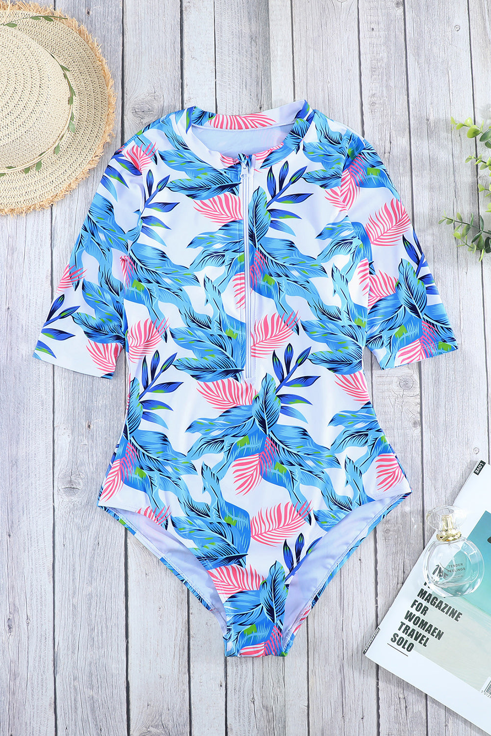 Fiery Red Blue Leaves Zip Front Half Sleeve One Piece Swimsuit