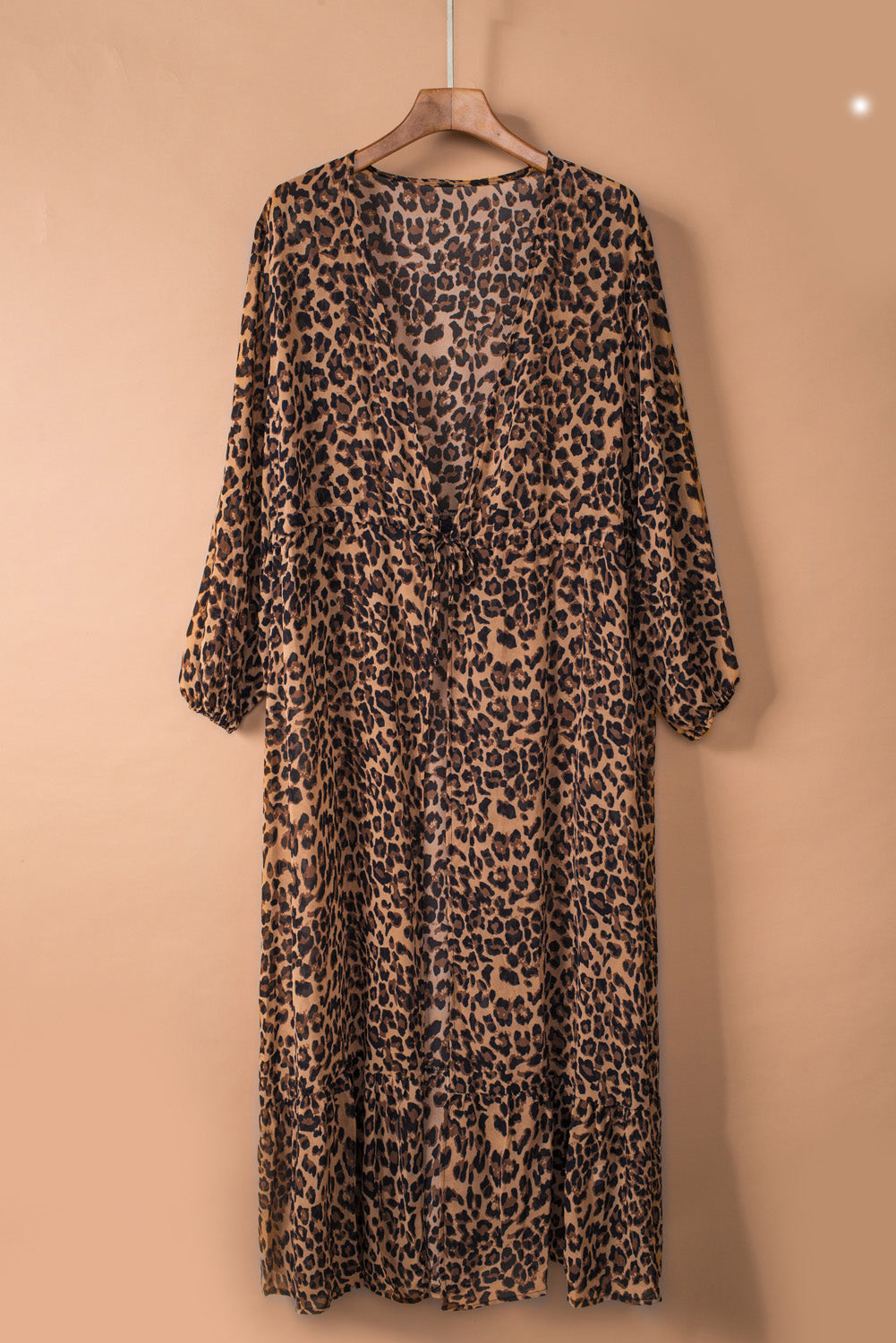 Kimono-Strandüberzug mit Leopardenmuster, gebundener Taille und offener Vorderseite