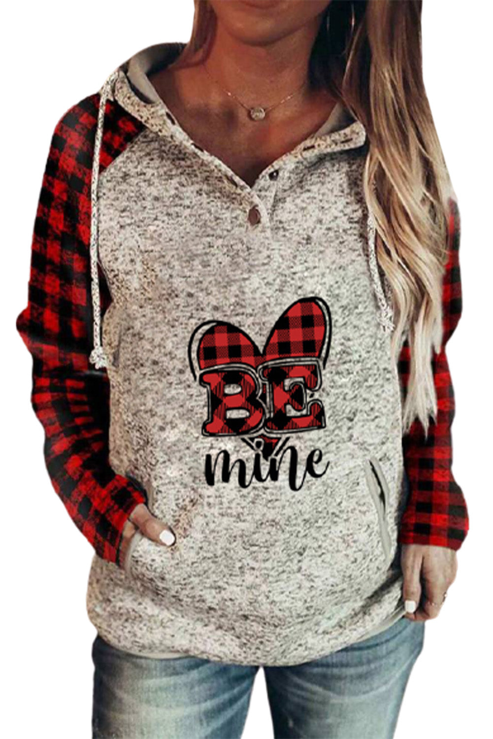 Valentine Graphic Print Plaid Splicing Buttons Long Sleeve Sweatshirt