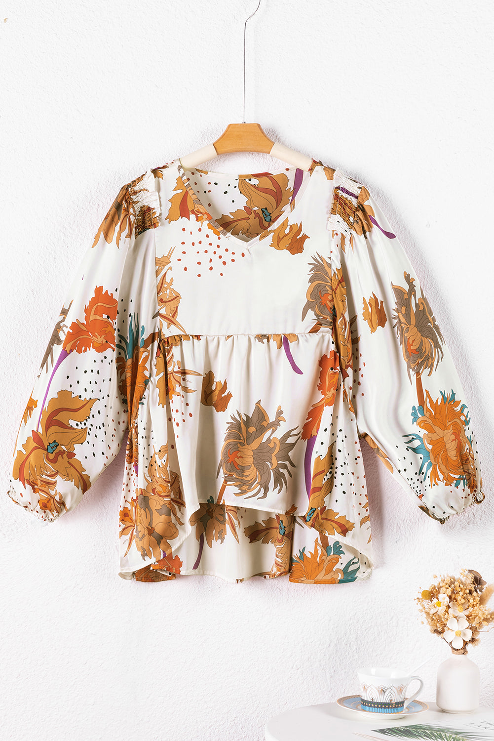 Večbarvna bluza Babydoll z V izrezom s cvetličnim potiskom