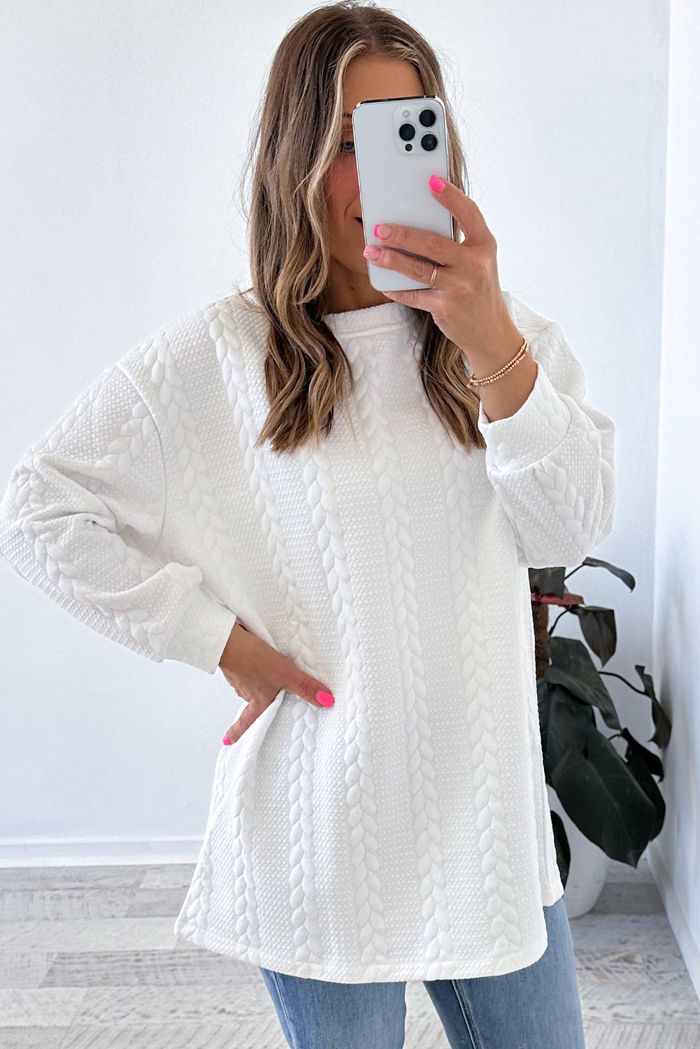 White Cable Textured Long Sleeve Round Neck Top