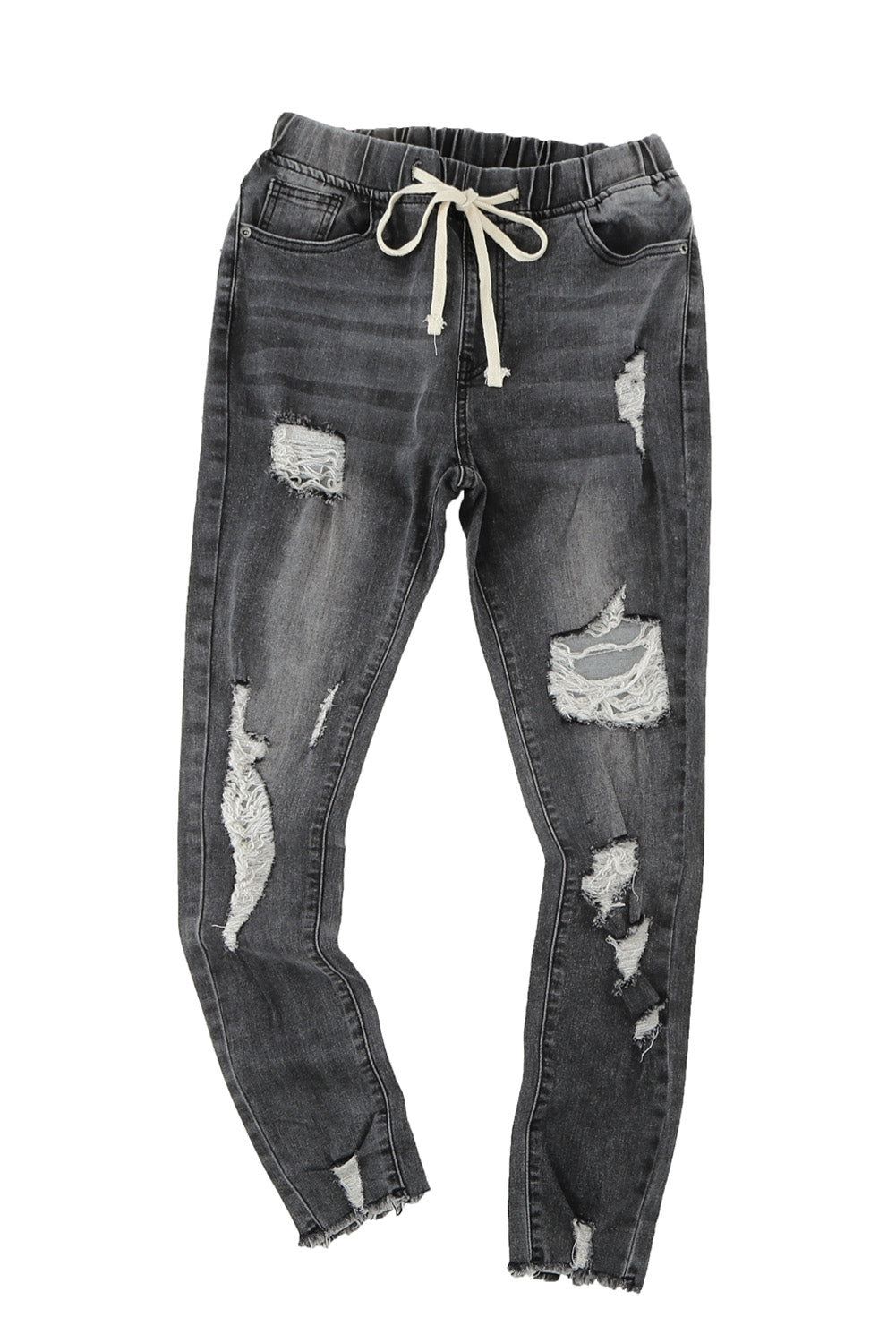 Gray Drawstring Elastic Waist Hole Ripped Jeans