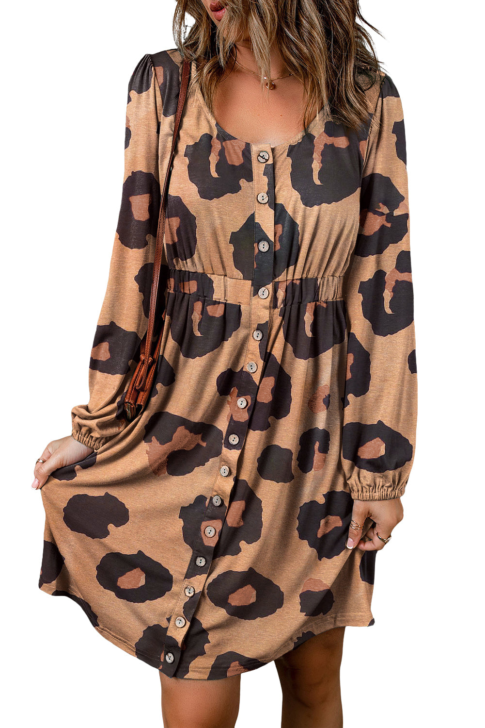 Široka pletena haljina s dugmadima s leopard printom sprijeda s mjehurićima