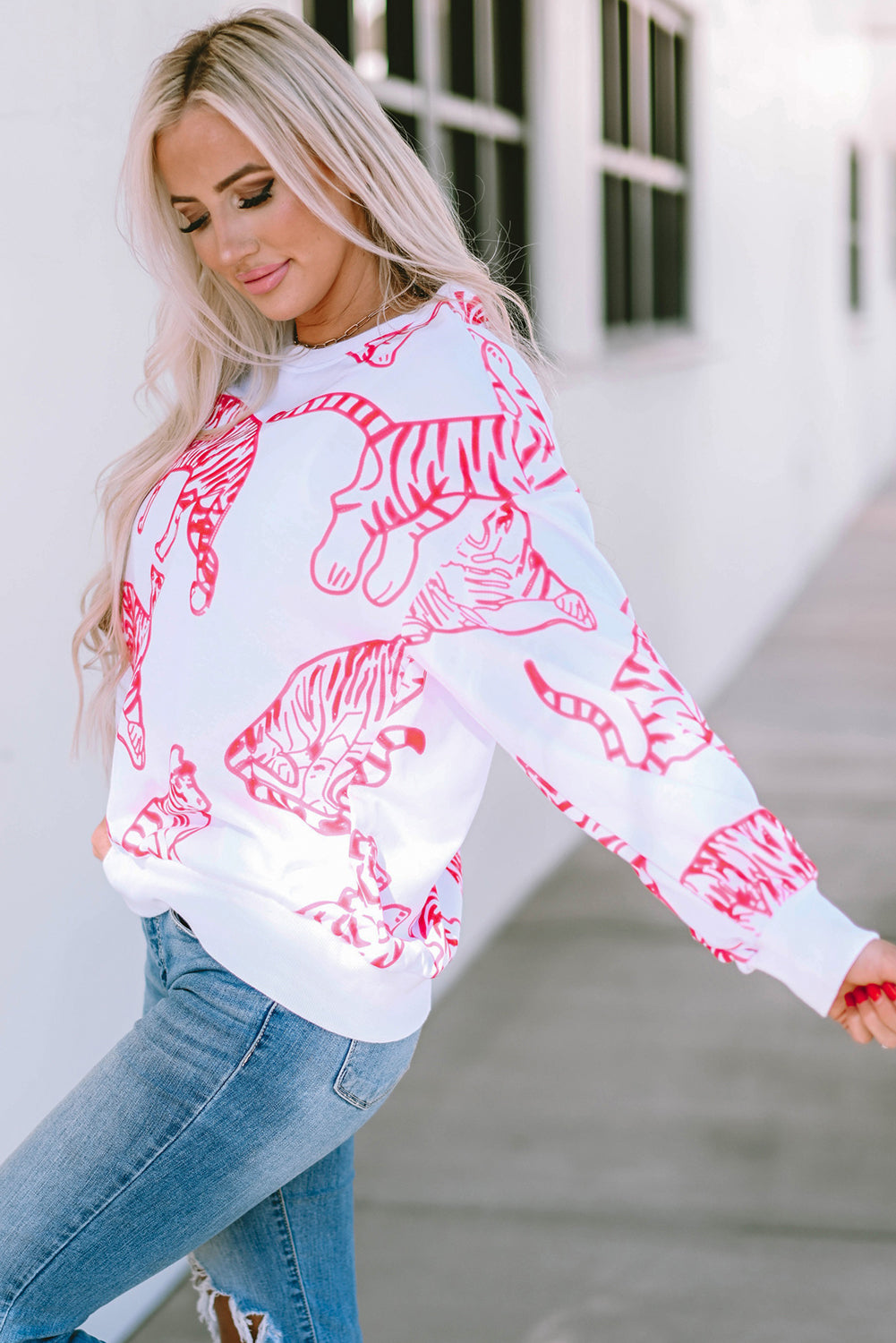 Bright White Pink Animal Print Pullover Sweatshirt